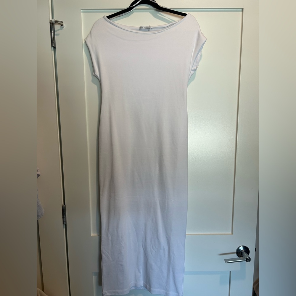 Zara White Short Sleeve Bodycon Midi Dress